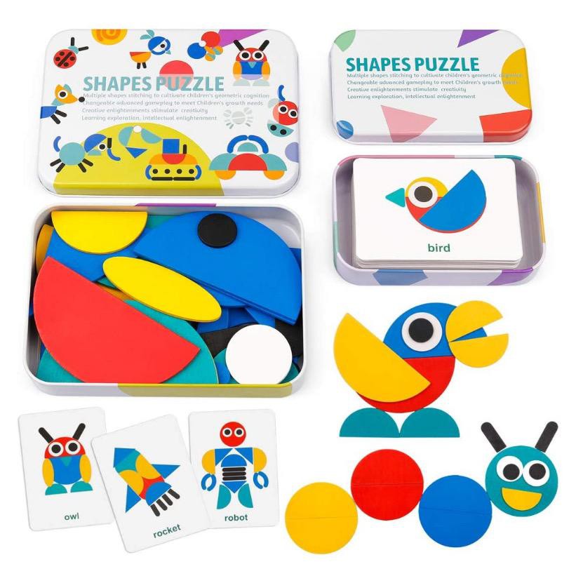 96PCS/SET Wooden Pattern Blocks Tangram Shape Puzzles Sorting Stacking ...