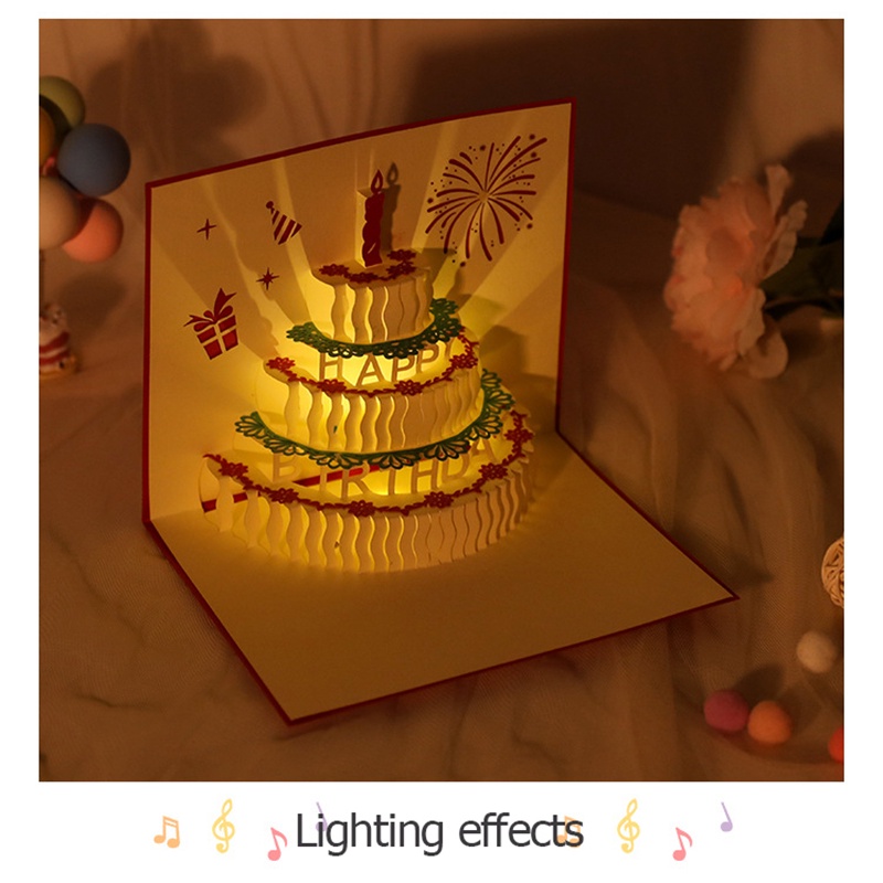 Music Birthday Card Pop Up 3D Cake Musical Light Greeting Card Creative ...