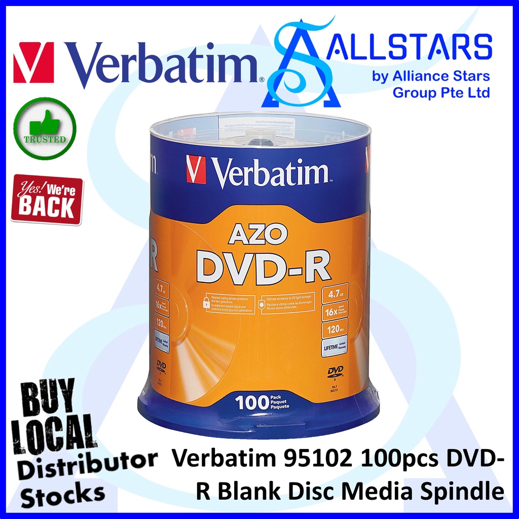 Verbatim 95102 100pcs DVD-R Blank Disc Media Spindle / 4.7GB / 16X ...