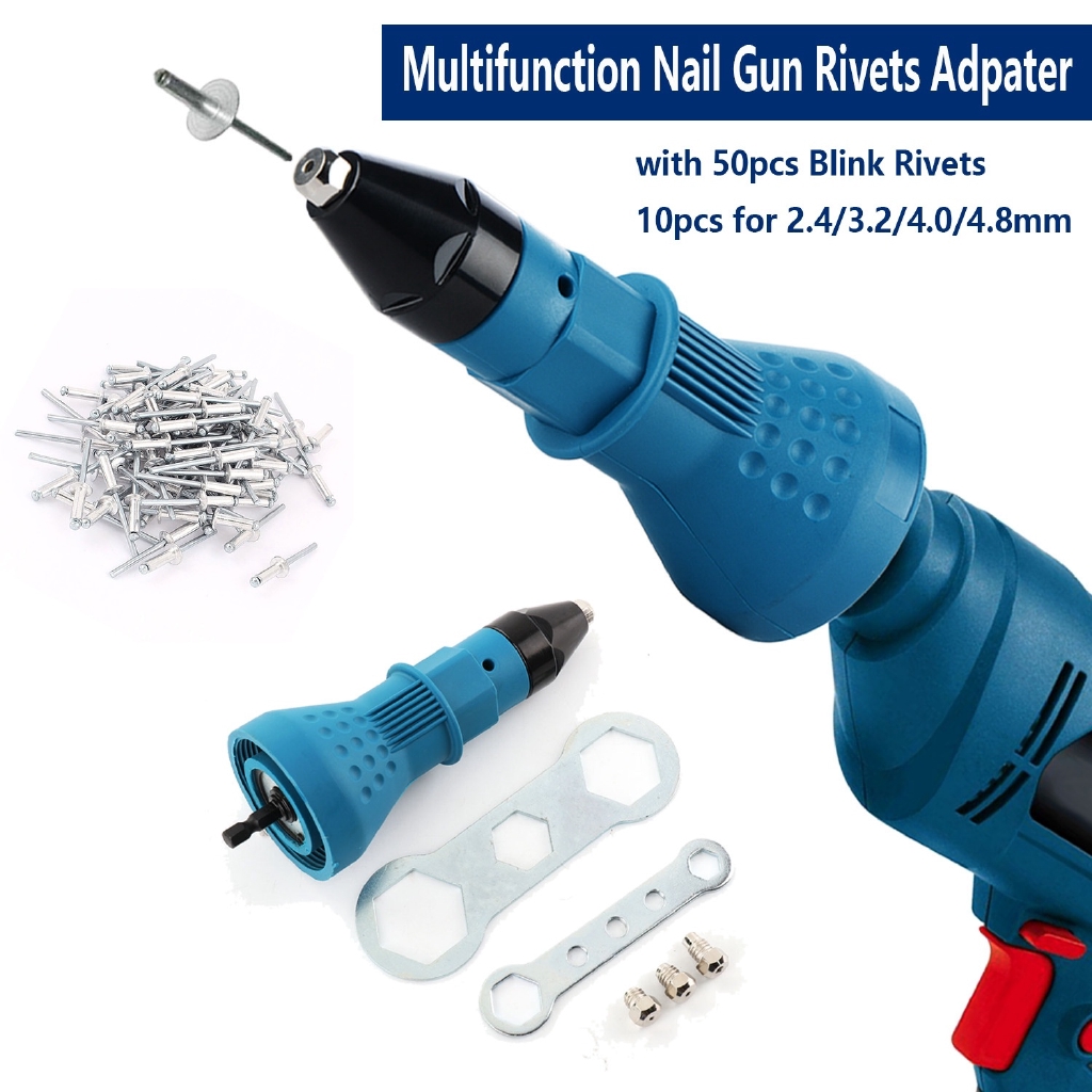 Professional Pop Rivet Gun Adapter Kit – Cordless Drill Attachment For Rivet Nuts With 4 Threaded Heads (2.4/3.2/4.0/4.8mm)
