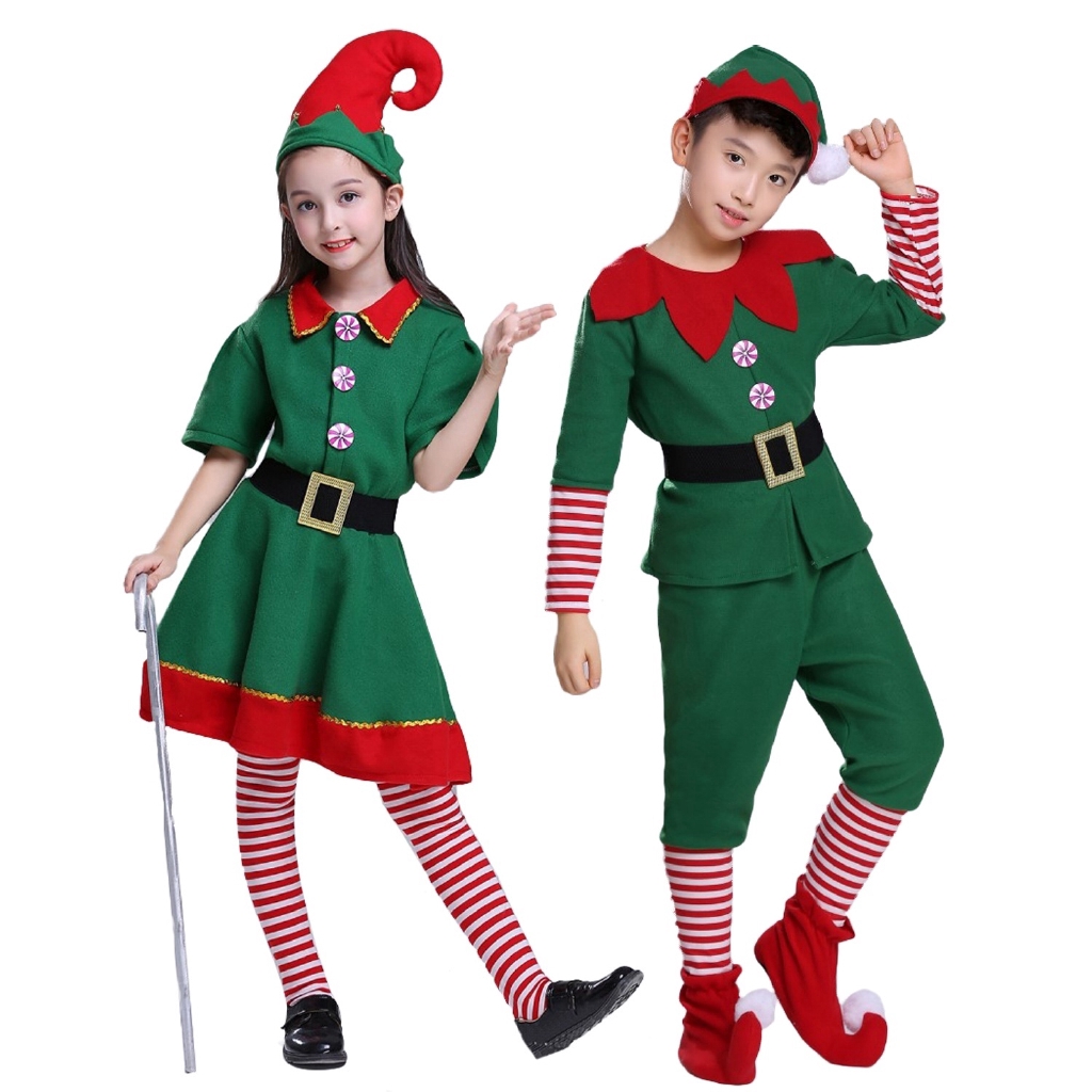 Kids Boys Girls Christmas Cosplay Elf Costume Parent child Clothing Festival Outfit Adult Men And Women Xmas Clothes Set with Elf Hat Striped Sock