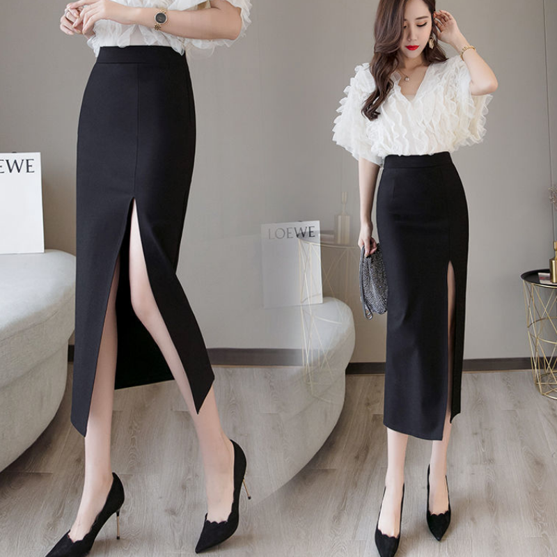 Midi skirts Women high-waist slim-fit split one-step hip skirt