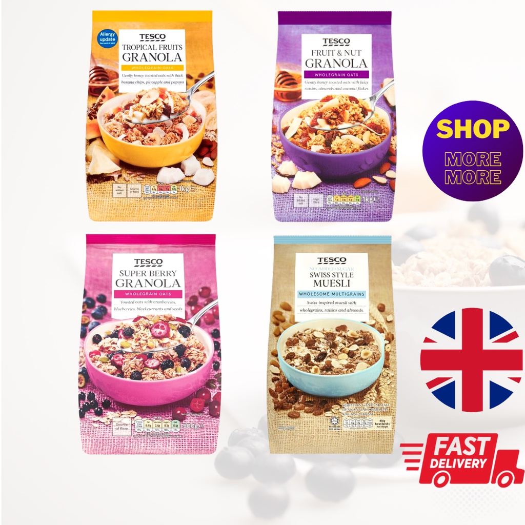 TESCO Lotus GRANOLA MUESLI UK Fruit Nut /Tropical Fruits / Super Berry