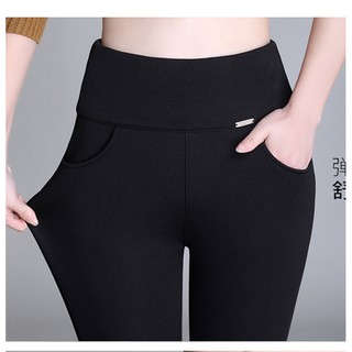 READY STOCK Women Plus Size Leggings Pants Stretch High Waist Black Casual  Long Pocket Pants