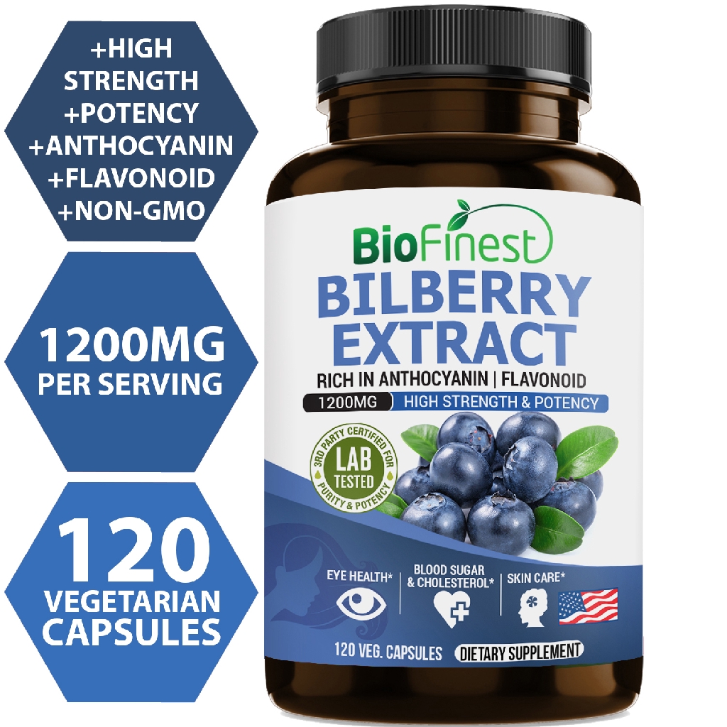 Biofinest Bilberry Extract 1200mg Supplement Antioxidant Night Vision Eye Support Heart Brain
