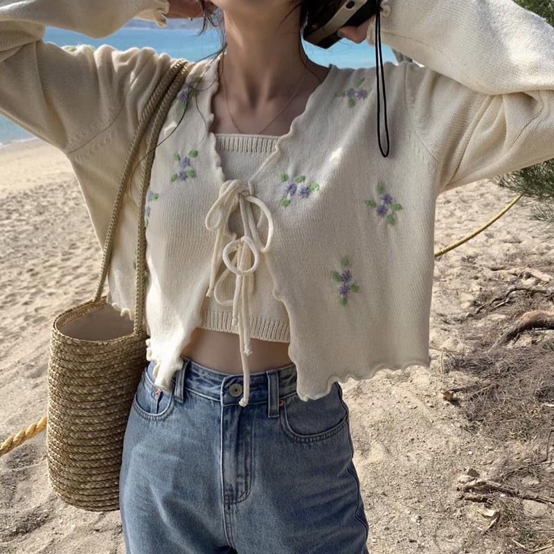 Gentle Style Spring Summer Thin Sweater Women New Sunscreen Clothing Sweet Vintage Versatile Lace-Up Knitted Card