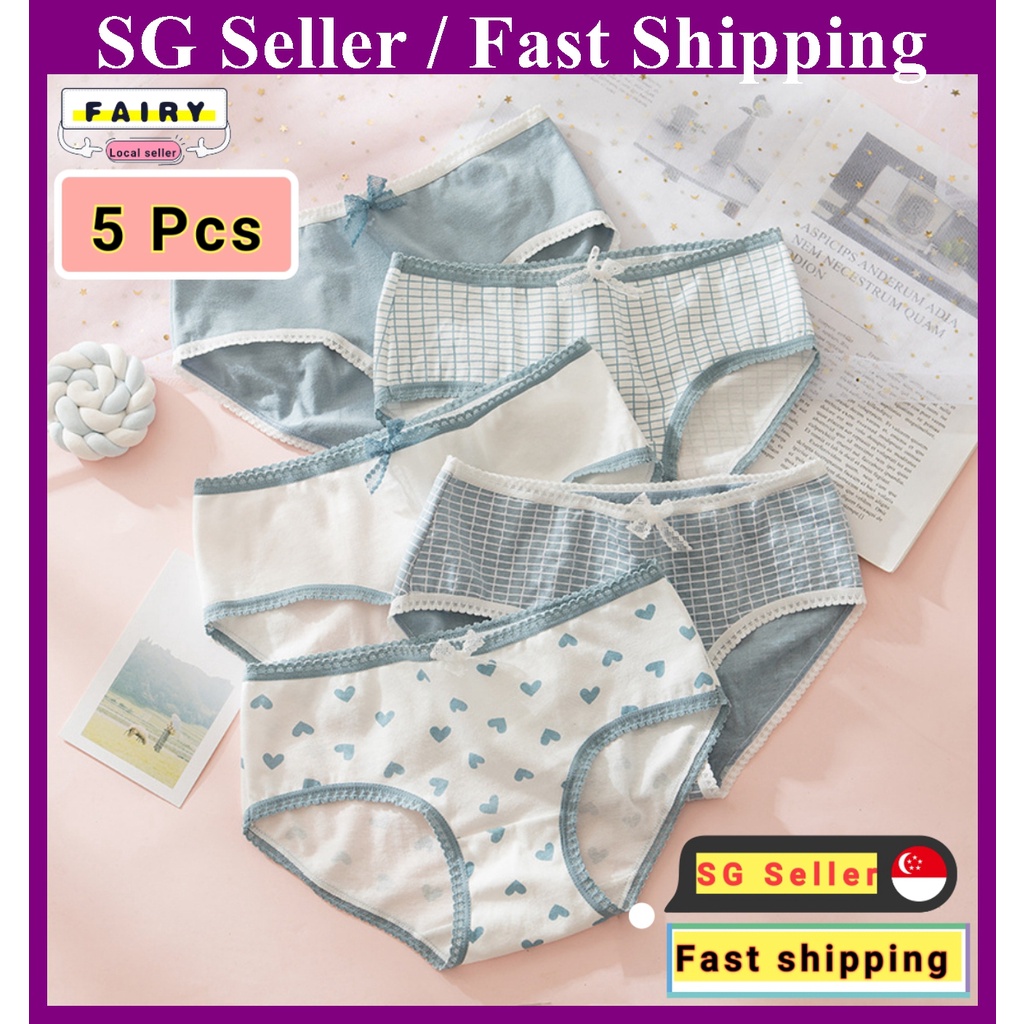 SG Seller)5 Pcs Women Underwear Cotton Briefs Cute Ladies Panties Girls  Underpants Seamless Lingerie Sexy Panty