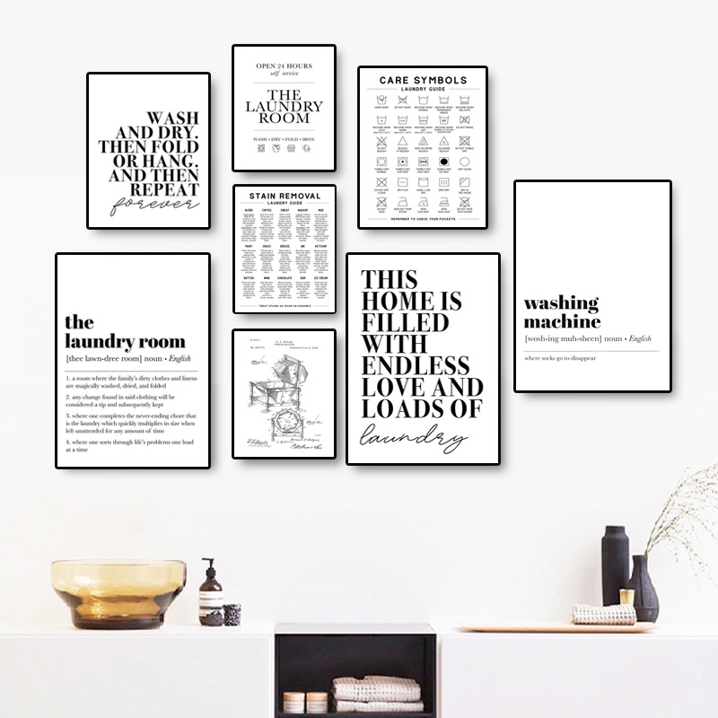 Laundry Signs Wall Art Canvas Painting Poster and Print Black White Wash Dry Fold Repeat Molecular Laundry Room Decor
