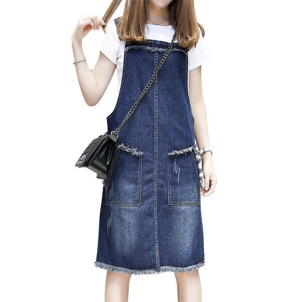 Add fertilizer plus size women s spring and summer slim denim bib dress slim dress Shopee Singapore