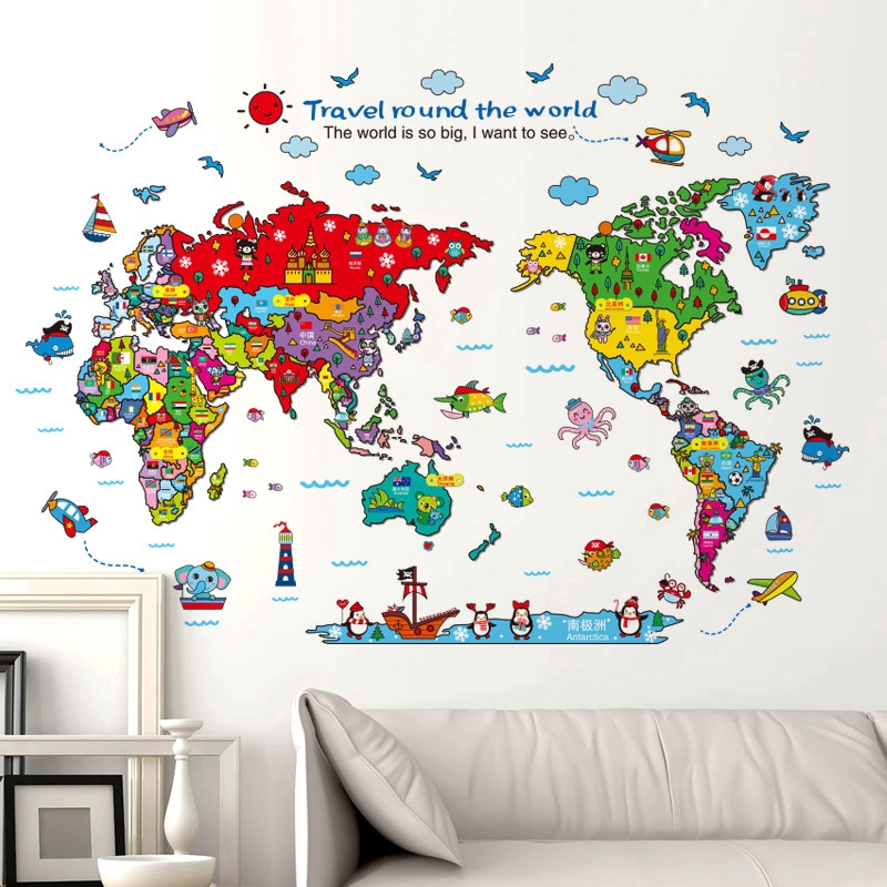 【Deowuu】Colorful world MAP animal map decorative wall stickers | Shopee ...