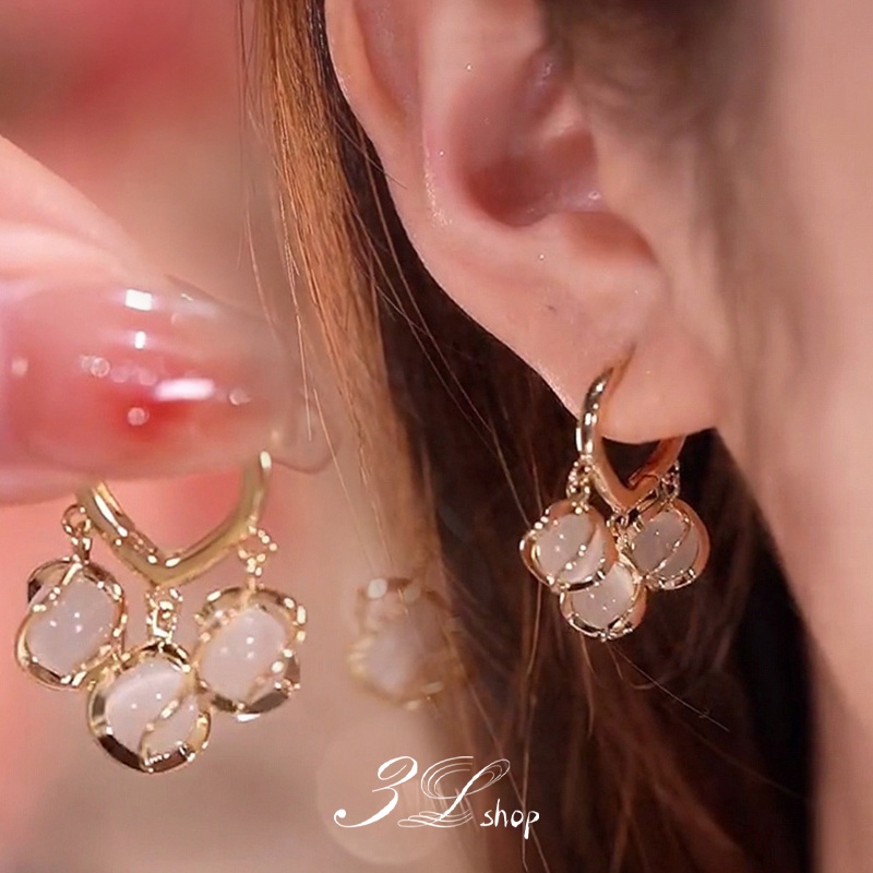 (3Lshop) Korean Style Simple Opal Hoop Earrings, Fashion Jewelry For Women'