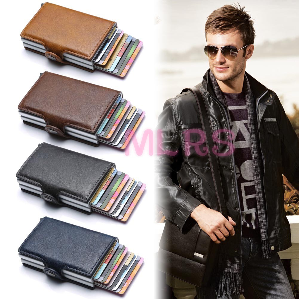 MS Unisex Leather Wallet Business ID Card Case Automatic RFID Credit