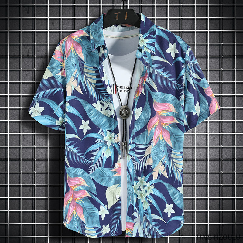 7-color boys' short sleeve shirt Hawaiian style beach shirt men's loose ...