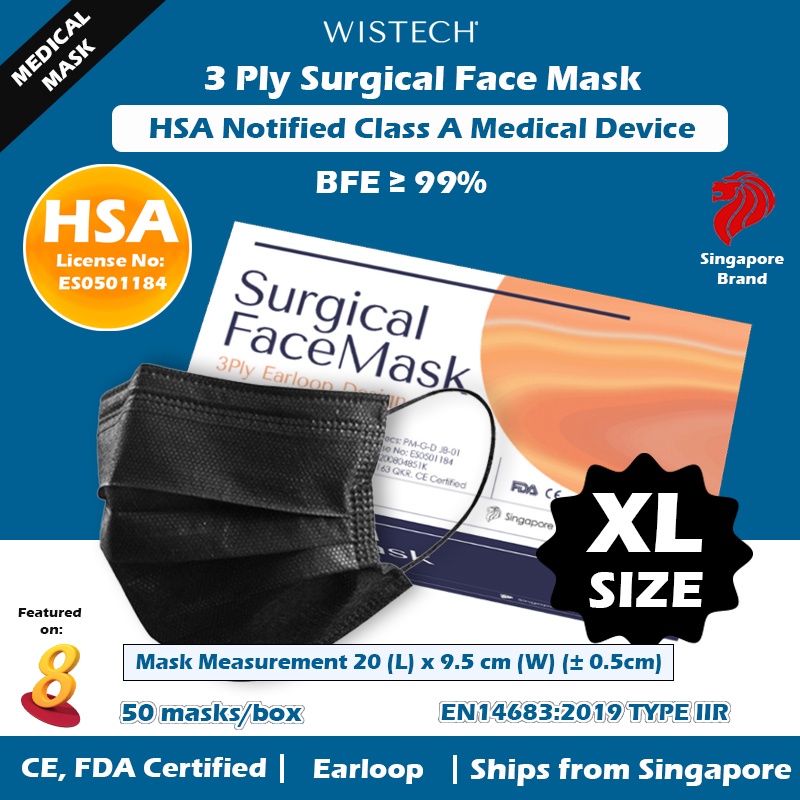 XL LARGE SIZE Black/Blue/White Wistech 3 Ply Surgical Mask, HSA Notified Medical Device, FDA CE