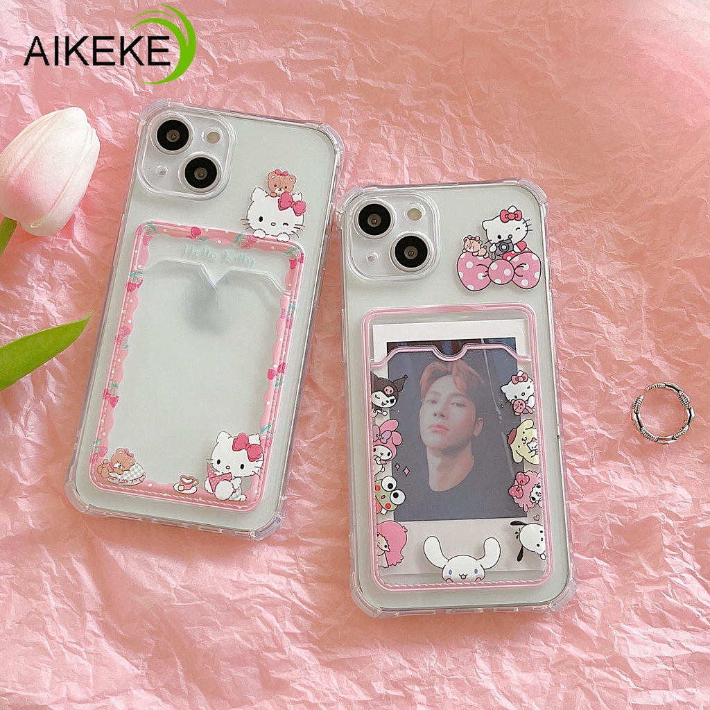 Transparent Cartoon Style Casing Compatible For iphone 14 Plus 13 12 11 Pro Max X XR Xs Max 7 8 Plus Phone Cover Pink Hello Kitty  Card Holder Clear Soft TPU Case