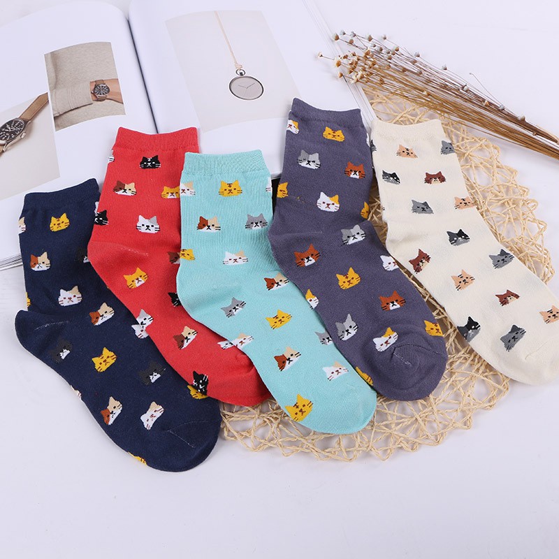 Ready Stock! Women Korea Fashion Cute Cat Pattern Socks Combed Cotton ...