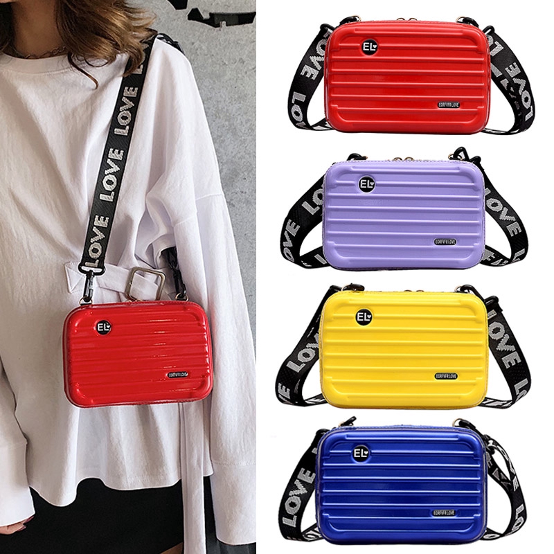 Personality Fashion Women Mini Suitcase Shape Crossbody Bags / Wide Letter Strap Shoulder Bag / Luxury Small Luggage Designed Handbags
