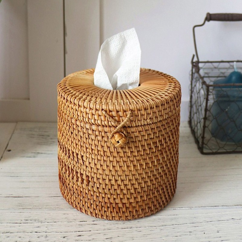 Round Rattan Tissue Box Vine Roll Holder Toilet Paper Cover Dispenser