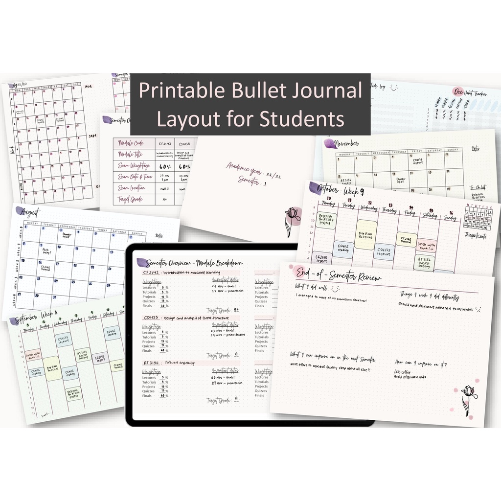 Simple Printable Bullet Journal Layout for Students (Semester/General ...