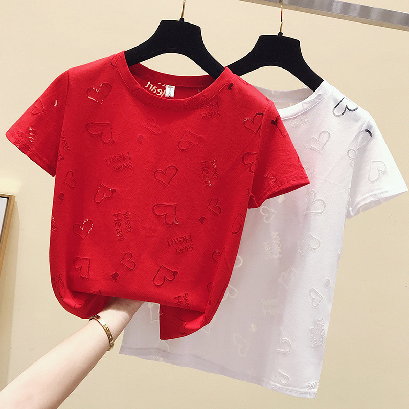 6.6 特价促销 Ready stock  纯棉圆领爱心上衣 镂空纯色少女T恤  The new Korean fashion women's clothing, round neck personality hollow girl pure cotton T-shirt, all-match trend short-sleeved loose solid color top