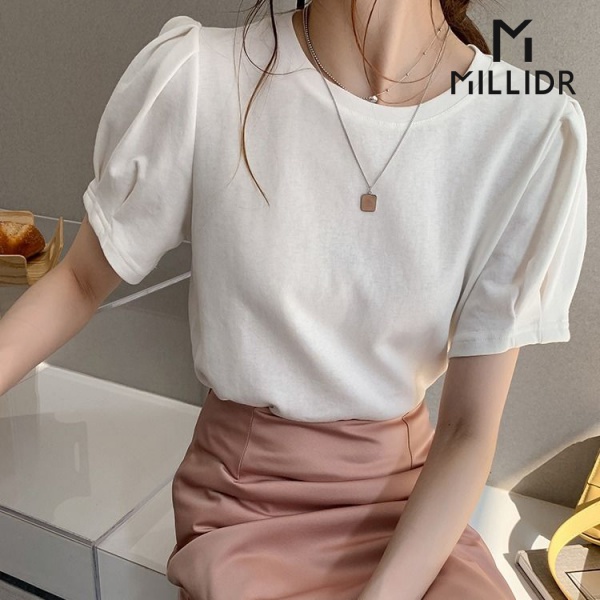 95 Cotton Puff Sleeve Short-Sleeved Top 2022 Spring New Style Women's Clothing ins Trendy Slim-Fit White