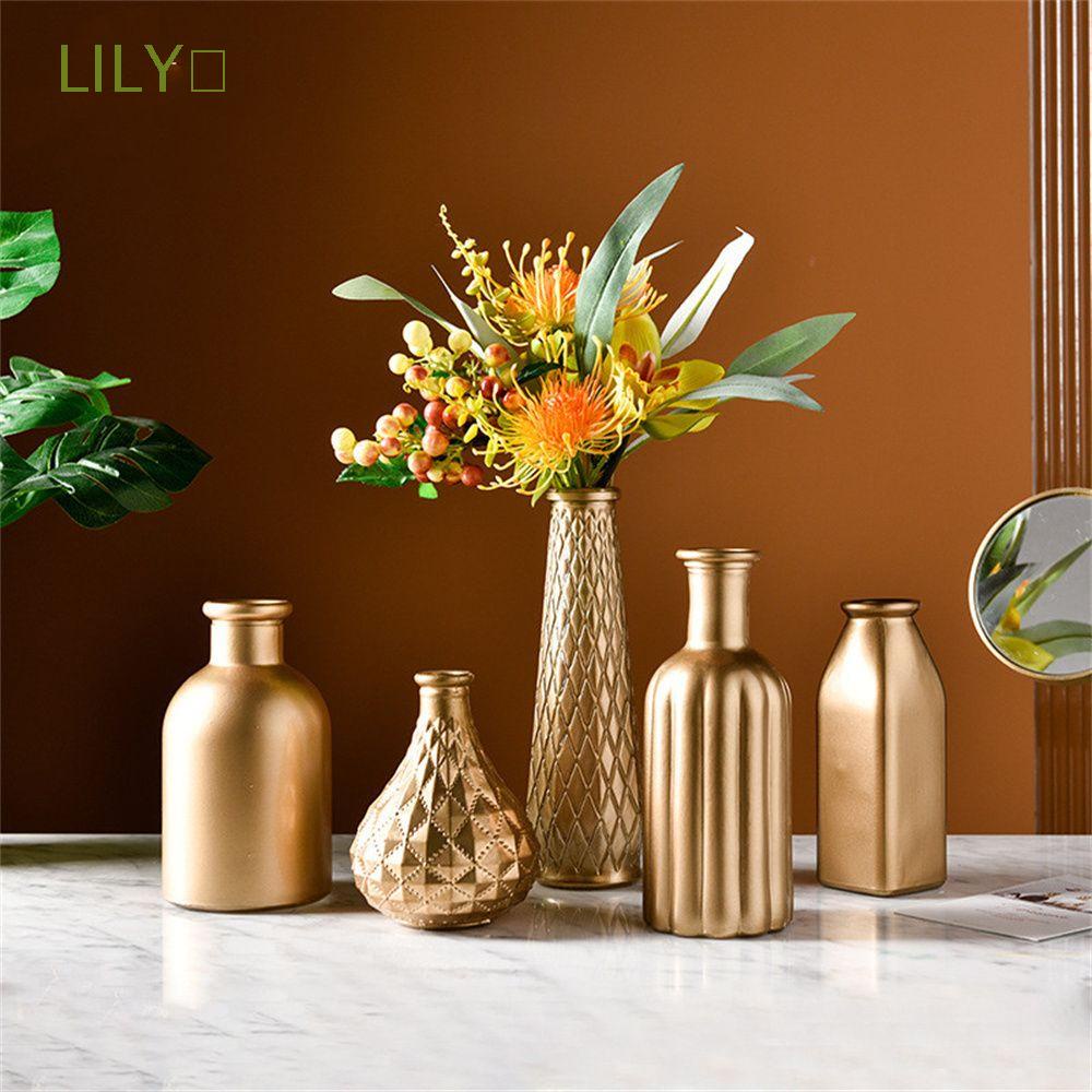 LILY Creative Gold Glass Vase Nordic Flower Vase Glass Vase Retro Glass Vase Home Decor Ornaments Modern Flower Bottle