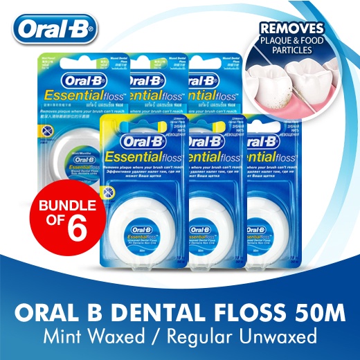 [Bundle of 6] Oral B Dental Floss Essential Floss Mint Waxed & UnWaxed