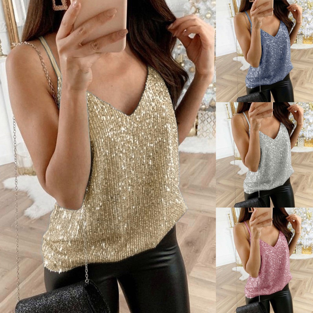 🍒hot Sale💎womens Glitter Strappy Tank Tops Ladies Sexy Sparkle Cami Swing Vest Clubwear Shopee 8870