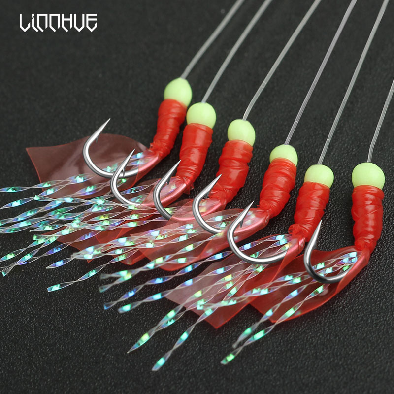 Saltwater Bionic String Fishing Hooks with Rigs Luminous Beans Strong Bait  for Sea Fish 6 Pcs
