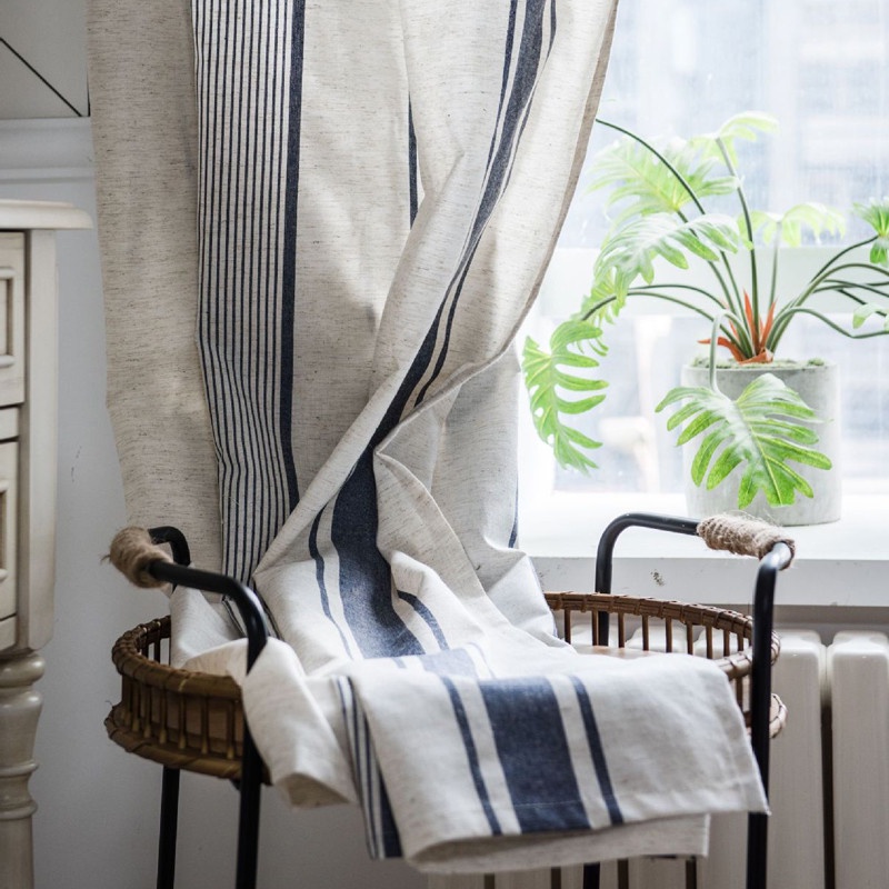 Blue Striped Semi Sheer Window Curtains Cotton Linen Curtain Home Decorative Hooks Top Accept Custom Sho Singapore