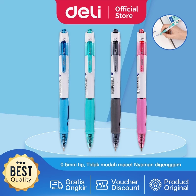 Deli Retractable Ballpoint Pulpen Cetek Tip 0.7 mm Tinta Biru EQ18-BL - Gambar 2