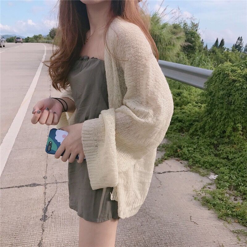 Lazy Style Loose Solid Color Versatile Slimmer Look Cardigan Thin Coat Sun Protection Clothing Top Women's Girlfriends Genuine Korean Version Girl Un