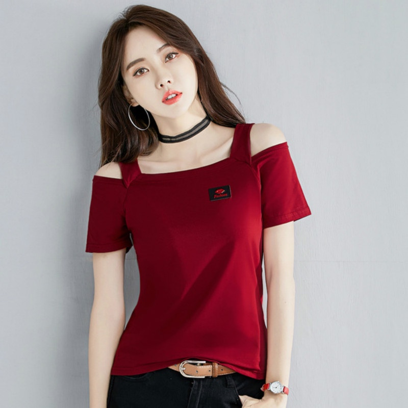 6.6 特价促销=READY STOCK  韩版100%纯棉露肩短款女T恤 New Korean style cotton off-shoulder short t-shirt, solid color slim slimming women's blouse, special summer plus size women's clothing