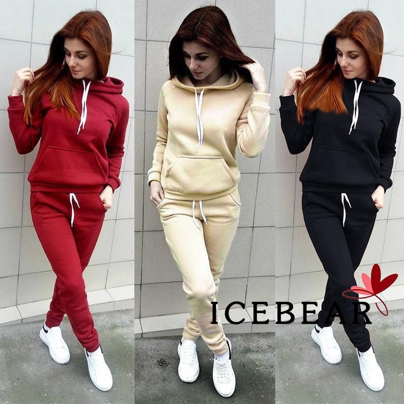 .SE-2Pcs Women Hoodies Sports Tops Pants Tracksuit Sweatshirt Sweat Suit