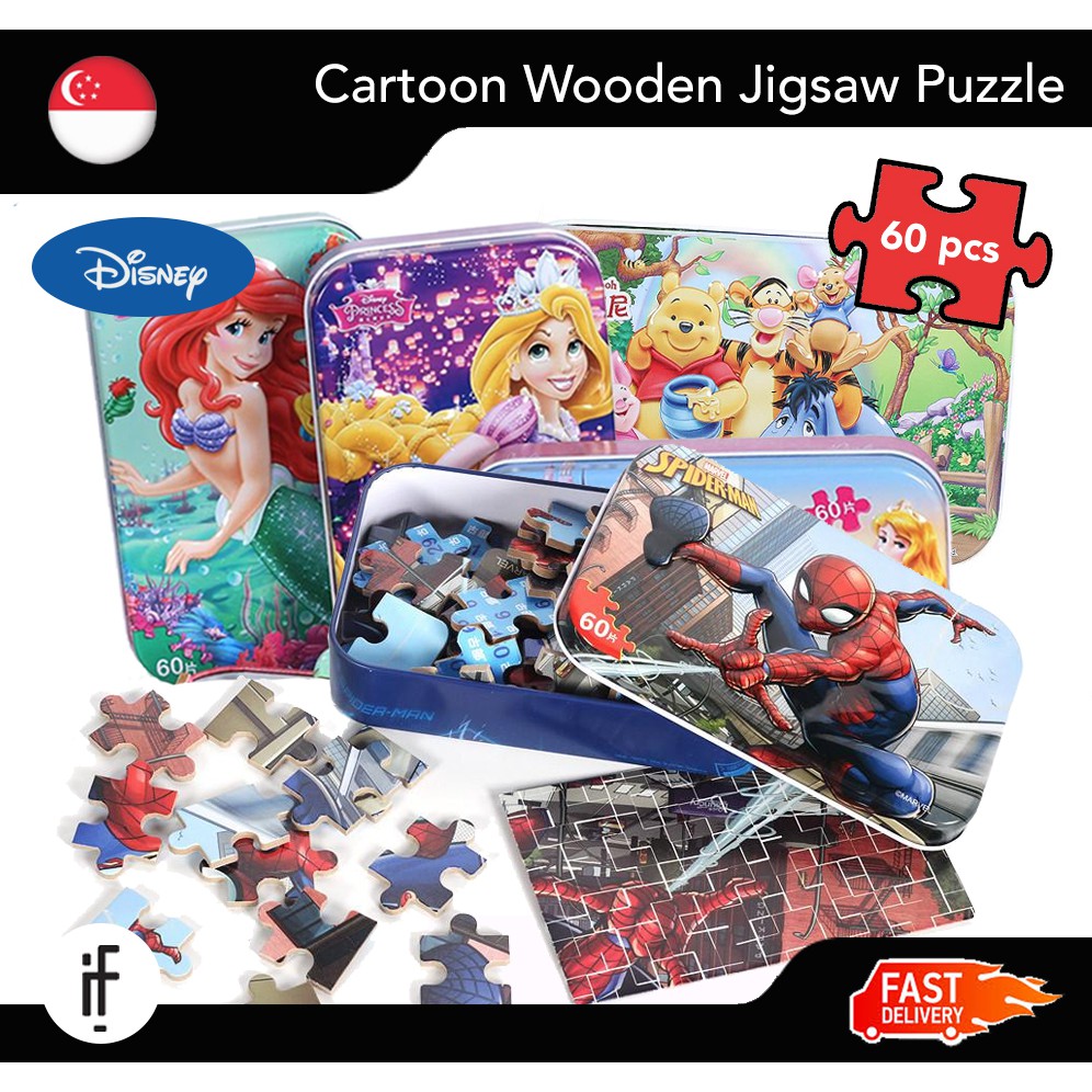 Wooden Jigsaw Puzzle Tin Box 60 Pcs Disney Character Educational Brain ...