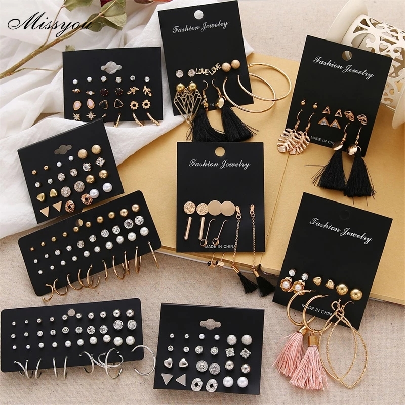 Fashion Pearl Crystal Earrings Set Bohemian Jewelry Geometric Heart Stud Earring Tassel Women Jewelry Accessories