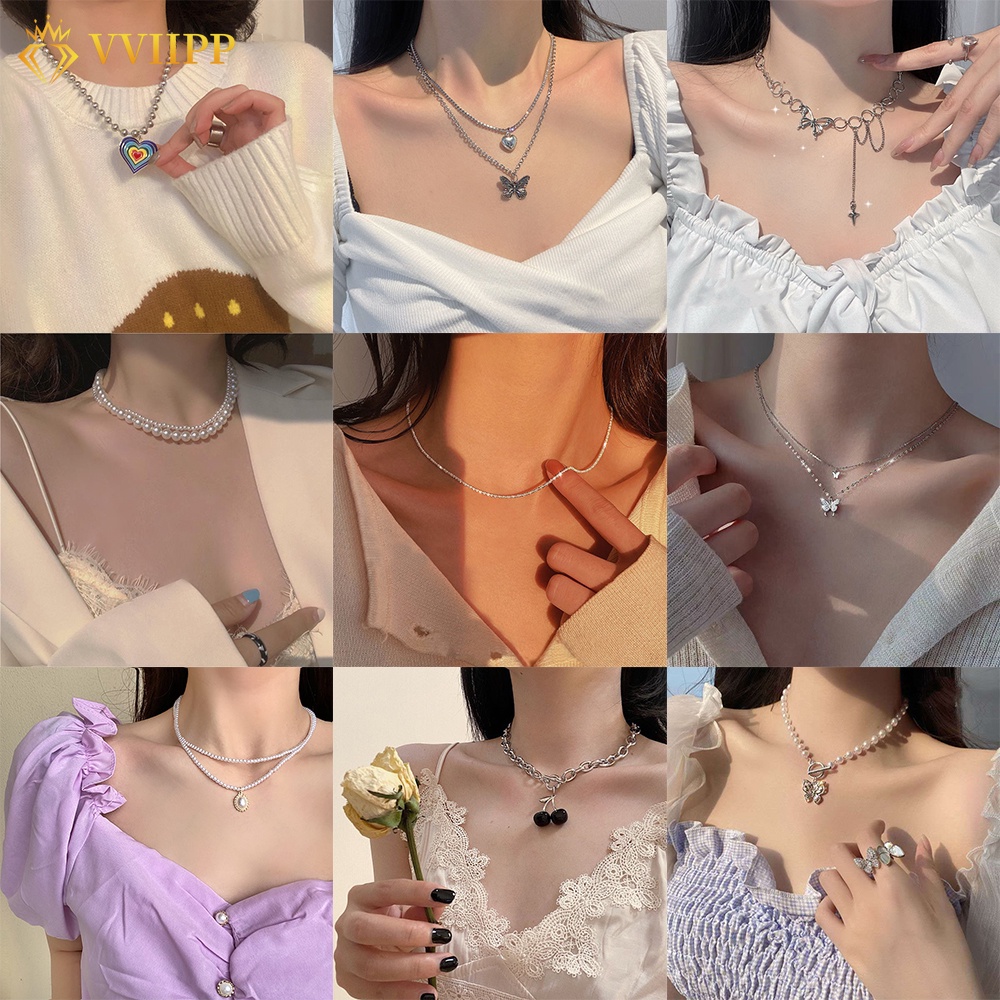 Korean Love Heart Butterfly Pendant Necklace Fashion Pearl Silver Chain Choker Women Jewelry Accessories