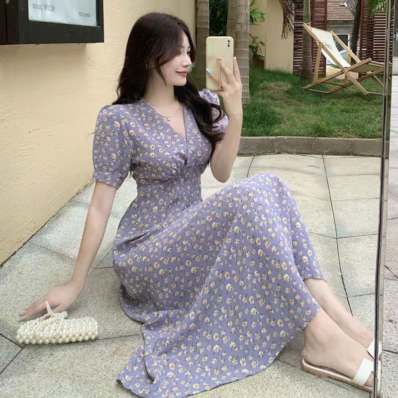 Large size women's dress summer French V-neck purple chiffon dress waist sweet floral skirt