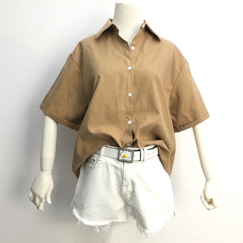 Half-Sleeved Shirt Loose Slimmer Look Solid Color Korean Version Lapel Top Genuine Women's Clothing
