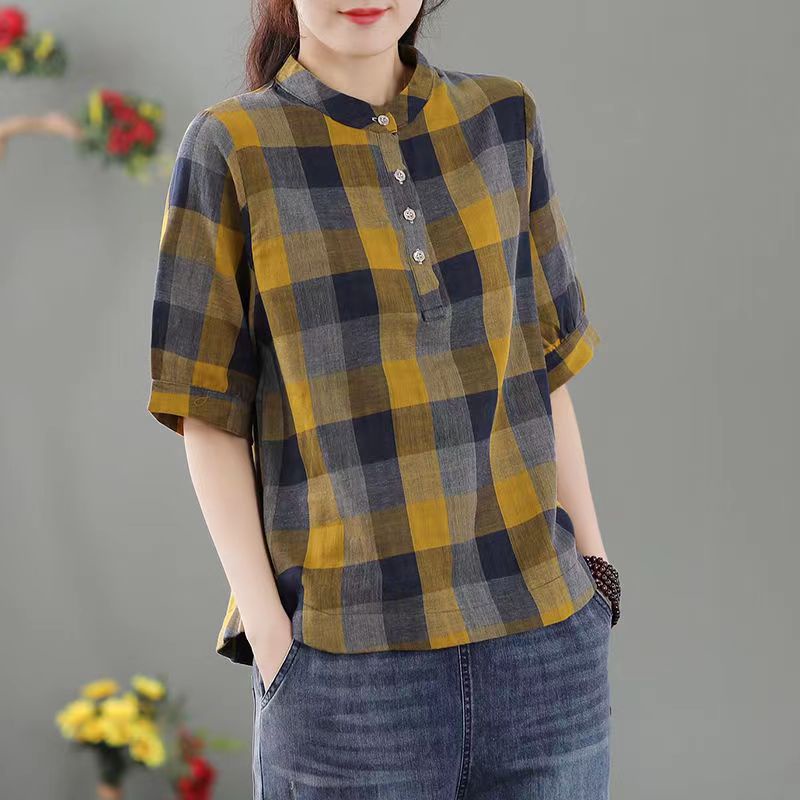 Korean Linen Cotton Blouse Plaid Short Sleeved Loose Plus Size Women ...