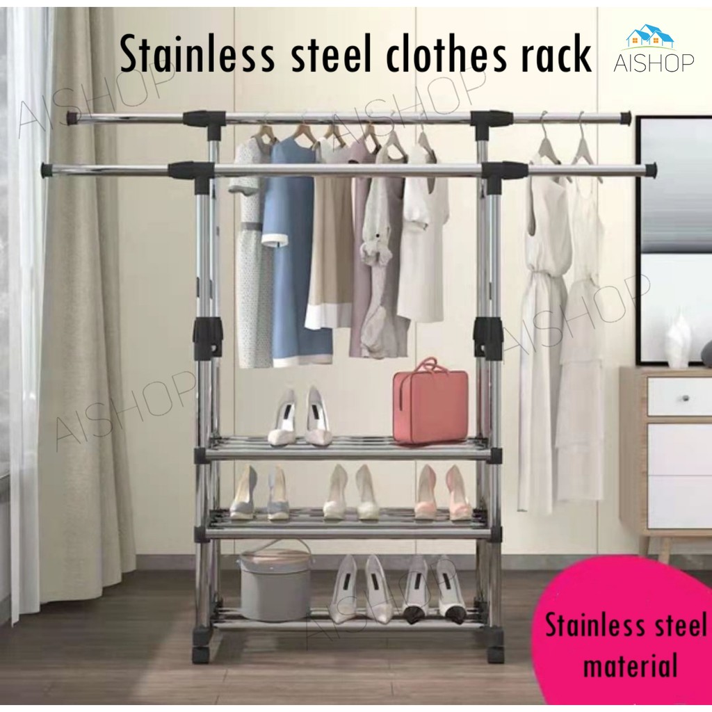 (SG Seller)Clothes Rack Double-pole Stainless Steel Clothes Rack Stand ...