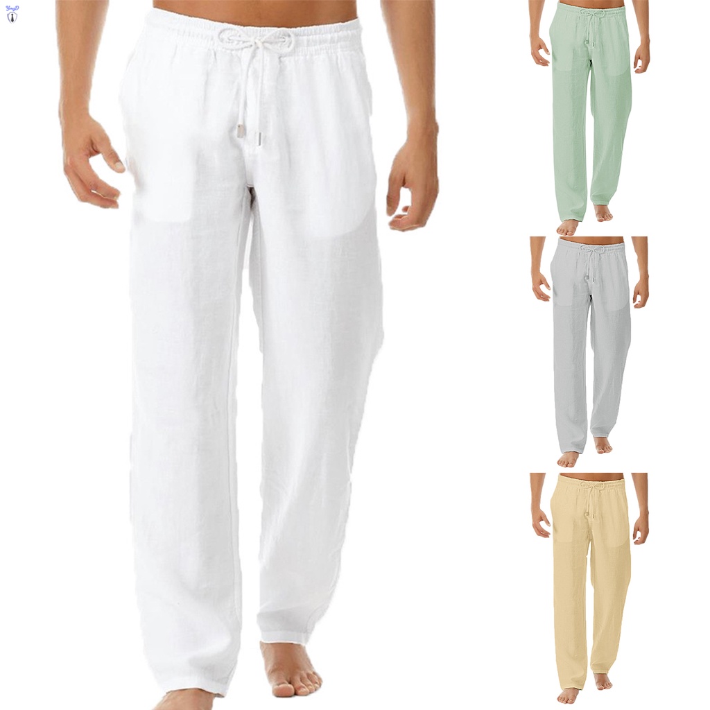 Men's Cotton Linen Pants Casual Drawstring Beach Yoga Loose Long ...