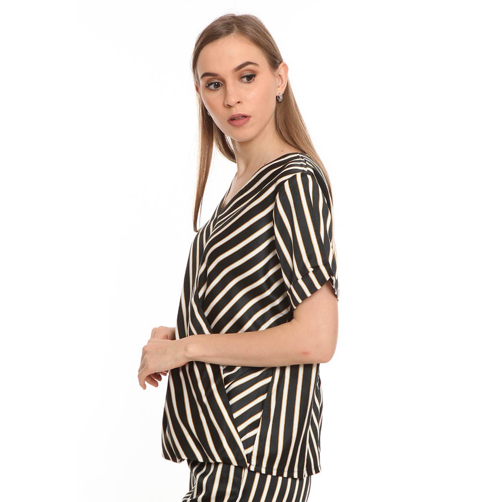 Basix - Taiya Top Black Blouse - Atasan Wanita Satin Stripe Hitam - Gambar 2