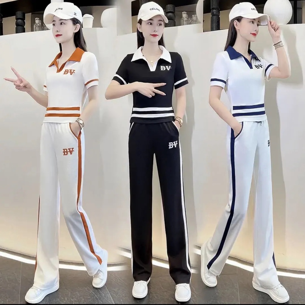 2022 Summer New Casual Suit Sports Short Sleeve Wide Leg Pants Women Slim Two-piece Set Women