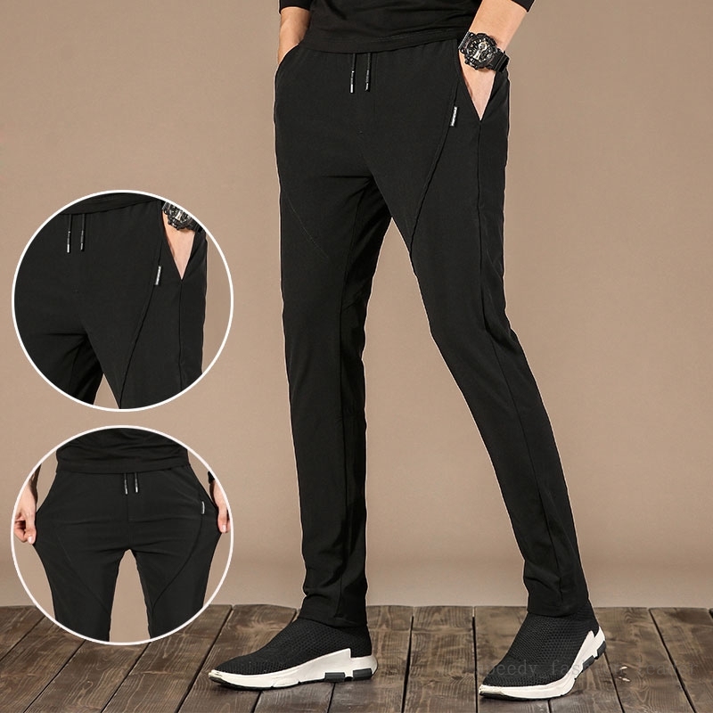 Korean Style Mens Slim Fit Work Pants Elastic Waist, Soft Formal