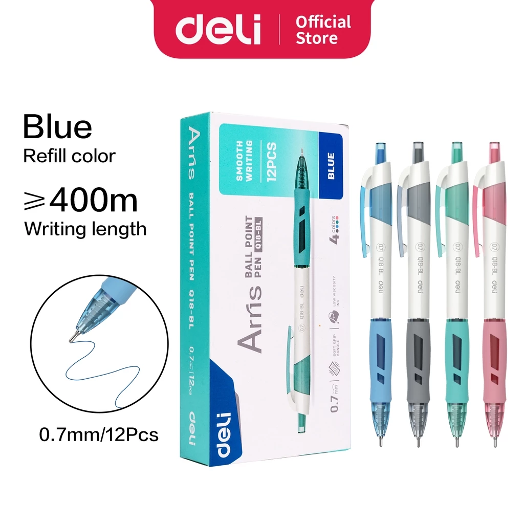 Deli Retractable Ballpoint Pulpen Cetek Tip 0.7 mm Tinta Biru EQ18-BL - Gambar 3