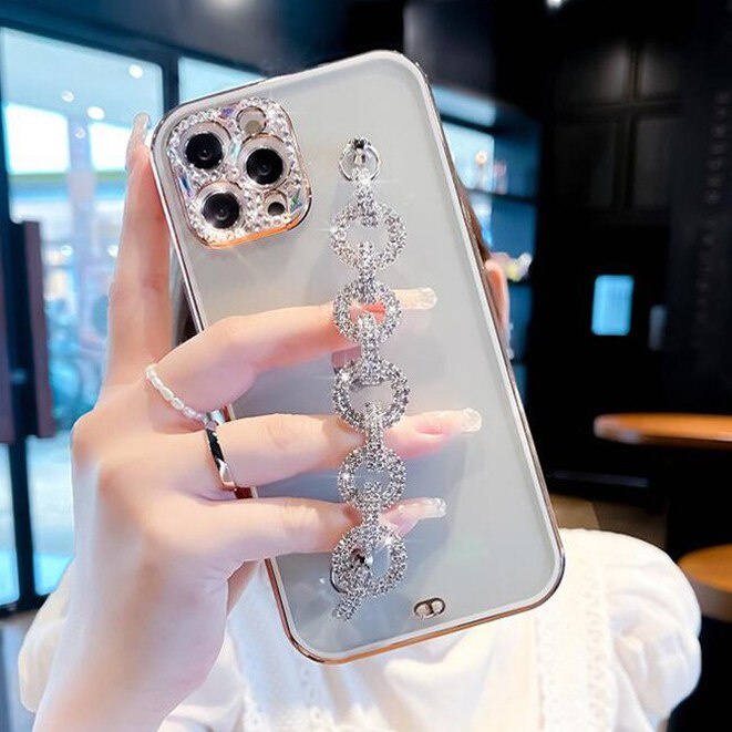 Rhinestone Chain Crystal Phone Case for iPhone 13 Pro Max 12 14 11 XR XS 7 8 Plus SE2020 Diamond Glitter Camera Len Protection