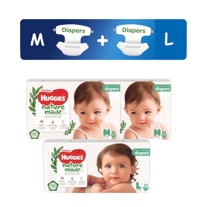 [Up Size Bundle] Huggies Platinum Naturemade Diapers M x 2 + Diapers L ...