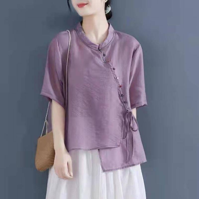 【Joy Joy Clothing】C.XBS5.2022 Summer Women Stand-Up Collar Simple Solid Color Shirt Loose Chinese Style Tea Dress New Women's Vintage Zen Top