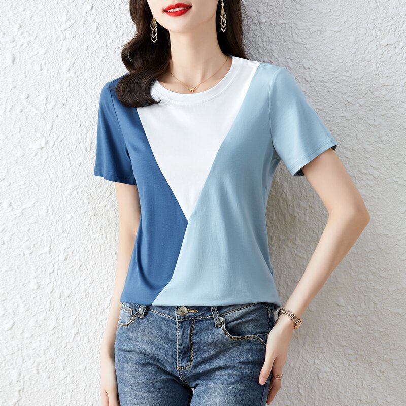 Women top short sleeve T-shirt summer new women clothing Korean style round neck T-shirt loose casual large woman short sleeve splicing tops